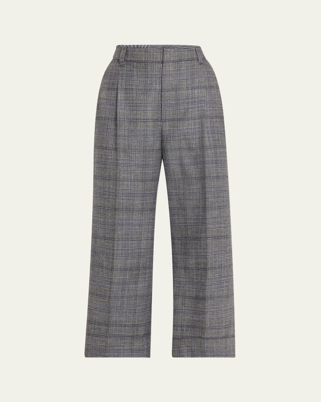 Pleated Wool Prince Of Wales Wide-Leg Crop Trousers